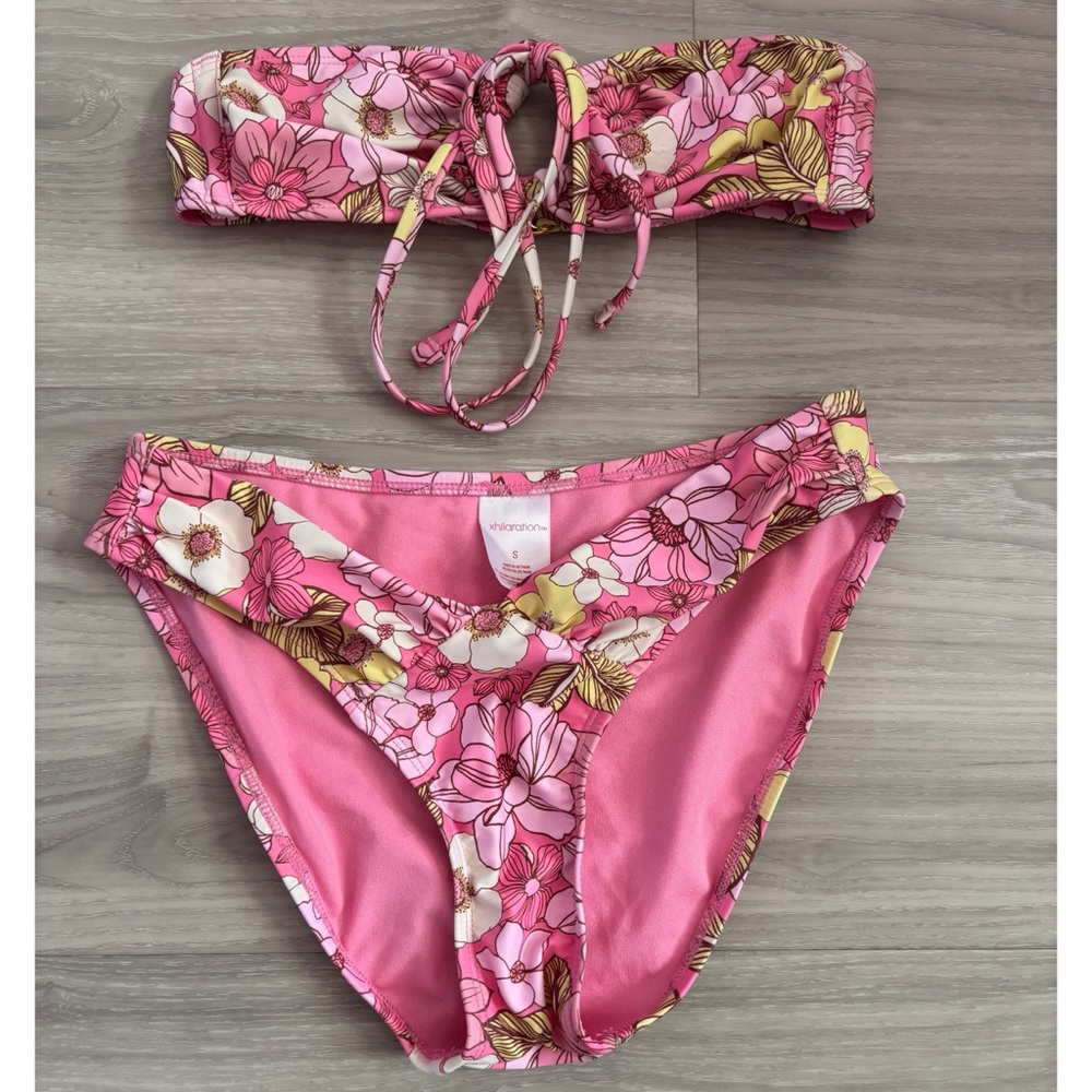 Xhilaration Pink Floral Bikini Set Bandeau Halter Top & Bottoms Size Small